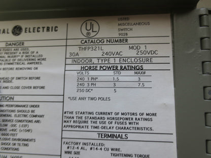 GENERAL ELECTRIC THFP321L PANELBOARD SWITCH 30A, 240VAC, 7.5HP - NEW SURPLUS