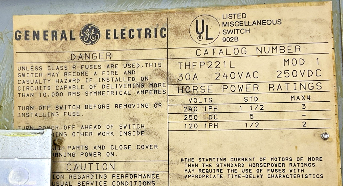 GENERAL ELECTRIC THFP221L DISCONNECT SWITCH MOD.1 30A 240VAC 250VDC