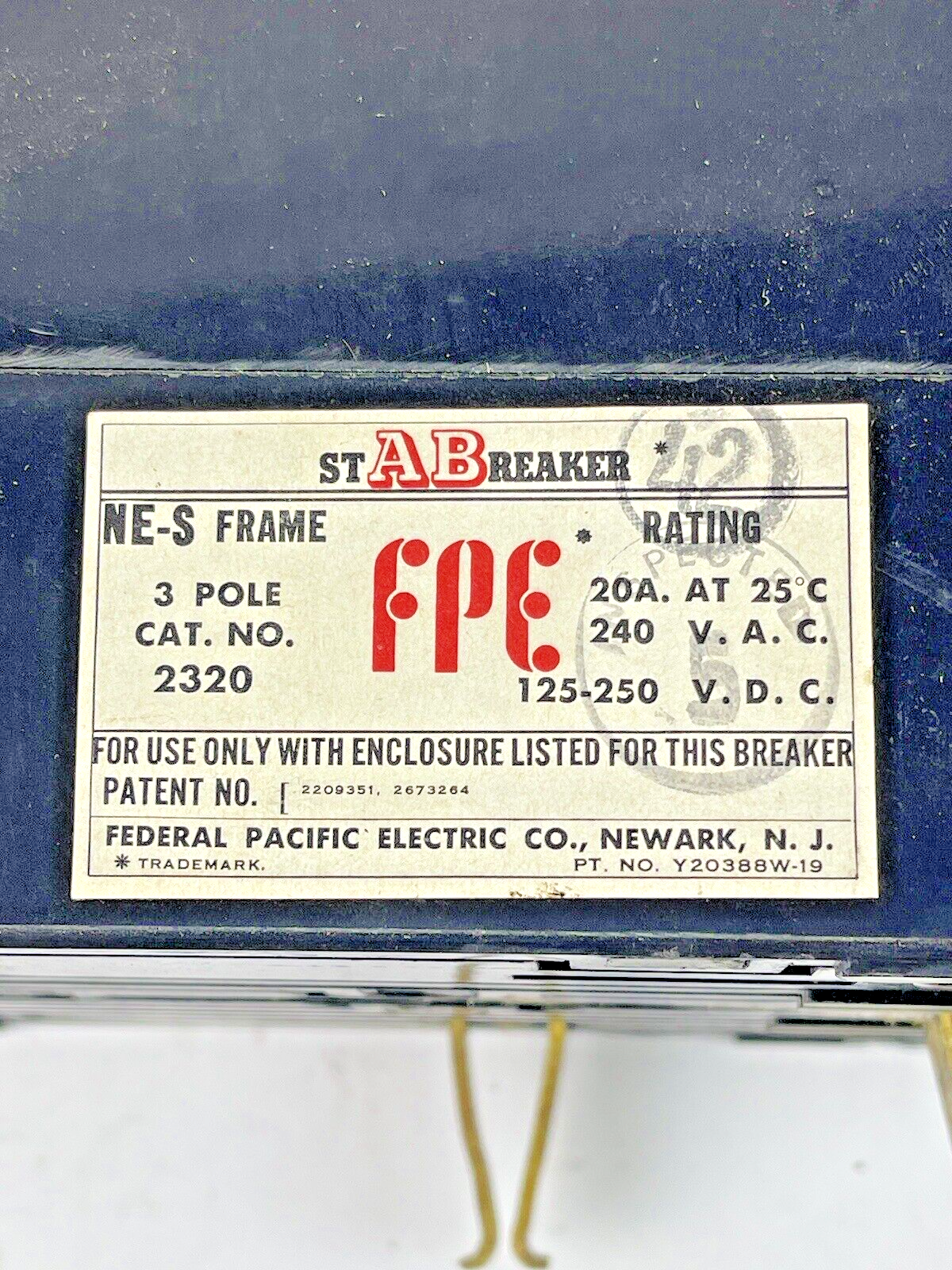 FEDERAL PACIFIC - 2320 - 3 POLE, 20A, 240 VAC AB CIRCUIT BREAKER - FPE