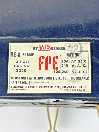 FEDERAL PACIFIC - 2320 - 3 POLE, 20A, 240 VAC AB CIRCUIT BREAKER - FPE