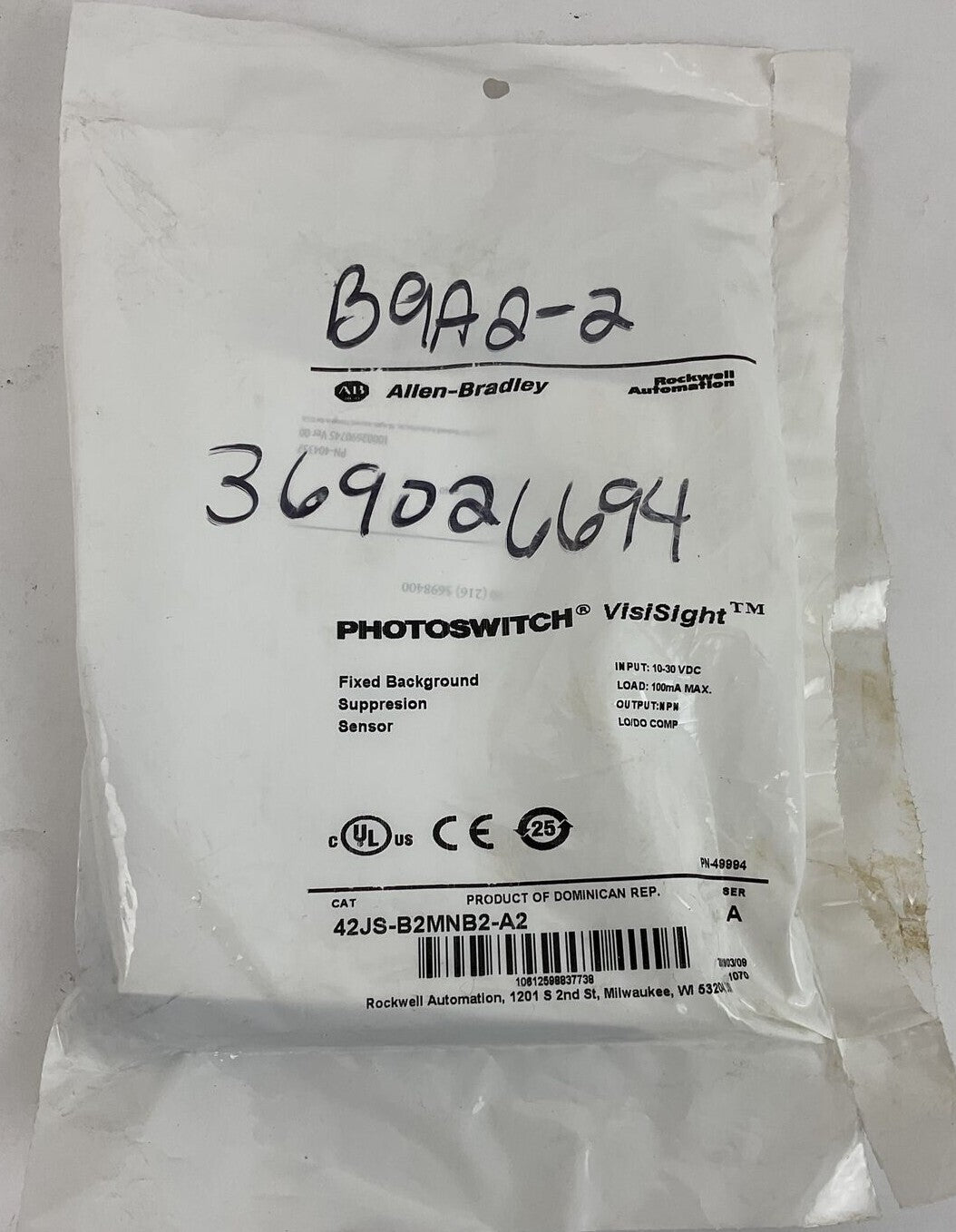 ALLEN BRADLEY 42JS-B2MNB2-A2 SUPPRESION SENSOR SER.A 10-30VDC