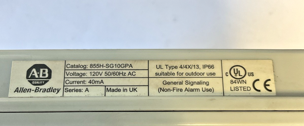ALLEN BRADLEY 855H-SG10GPA ELECTRICAL HORN 120V 50/60HZ 40MA SER.A