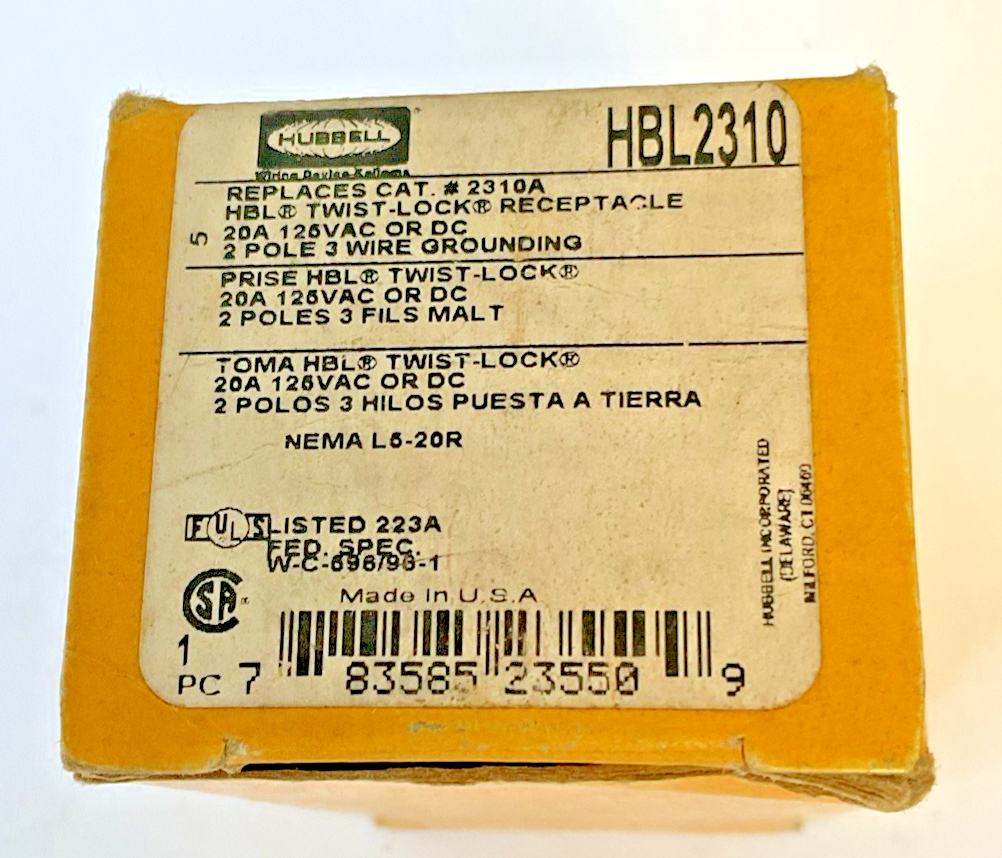 HUBBELL HBL2310 TWIST LOCK RECEPTACLE 20A 125VAC/DC 2POLES 3WIRE ***LOTOF2***