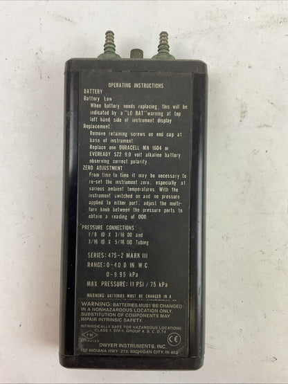 DWYER SERIES 475 MARK III DIGITAL MANOMETER ***BATTERY NOT INCLUDED***