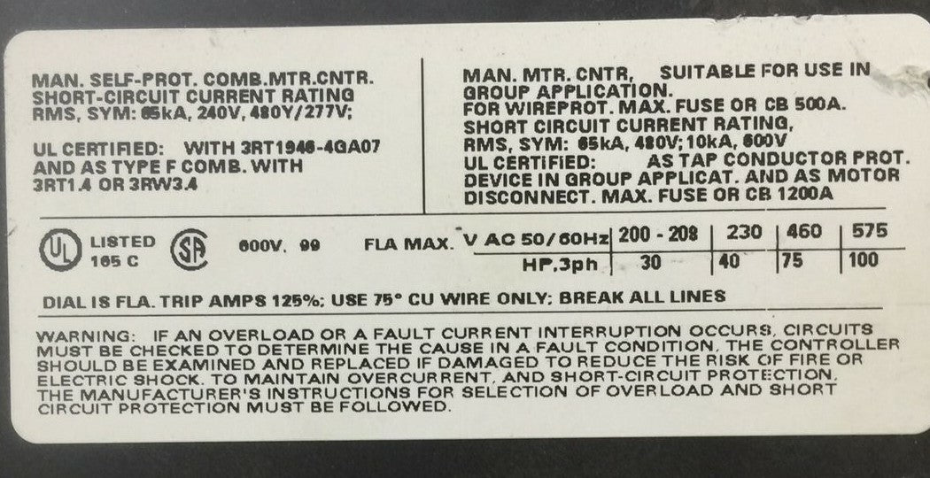 SIEMENS 3RV1041-4MA10 CIRCUIT BREAKER 100A 600VAC 3PH 100HP