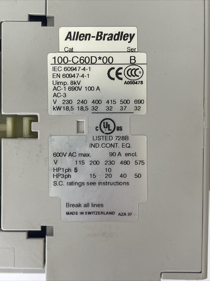 ALLEN BRADLEY 100-C60D*00 SER B CONTACTOR 600VAC 90A 50HP COIL 24VDC 100-F SER B