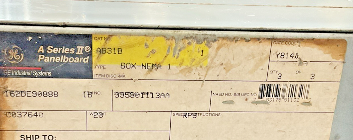 GE AEF3301BB PANELBOARD 125A 480Y 3PH 100AMP MAIN BREAKER 180Y/277VOLTS