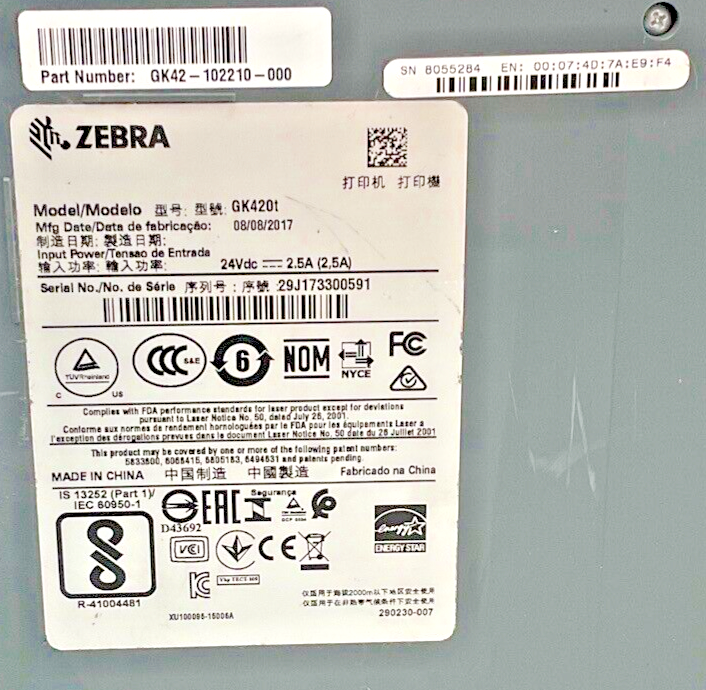 ZEBRA GK420T THERMAL LABEL PRINTER 24VDC 2.5A *NO POWER CORD*