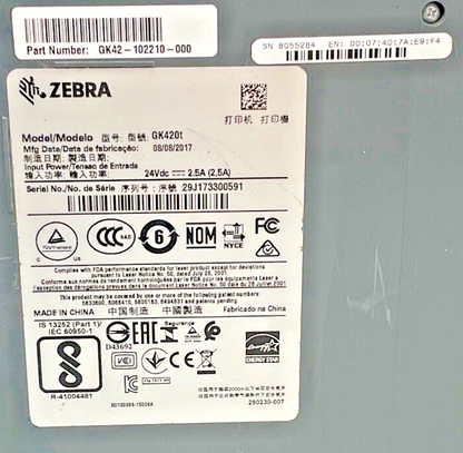ZEBRA GK420T THERMAL LABEL PRINTER 24VDC 2.5A *NO POWER CORD*