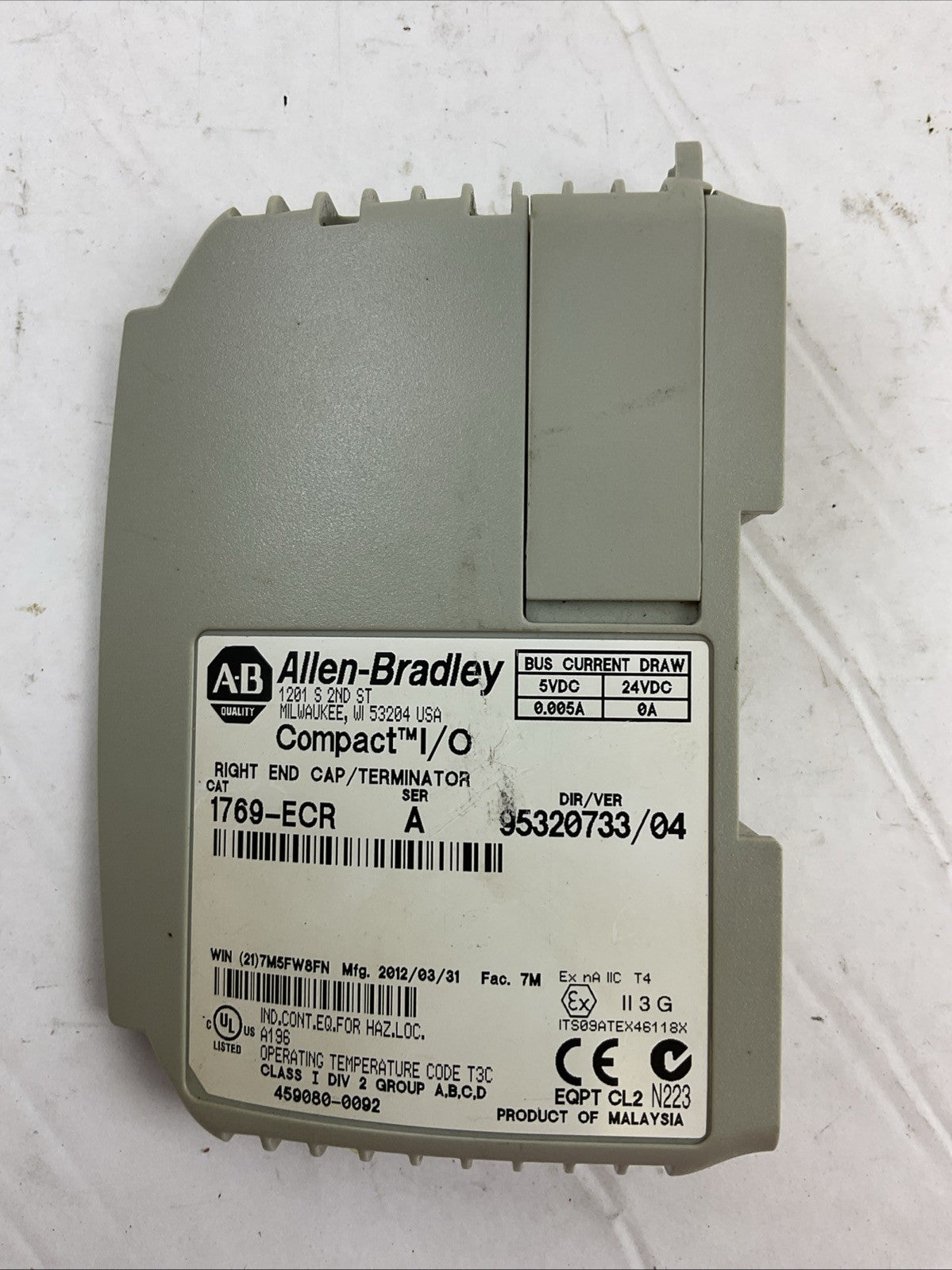 ALLEN BRADLEY 1769-ECR SER A DIR/VER 95320733/04 RIGHT END CAP / TERMINATOR