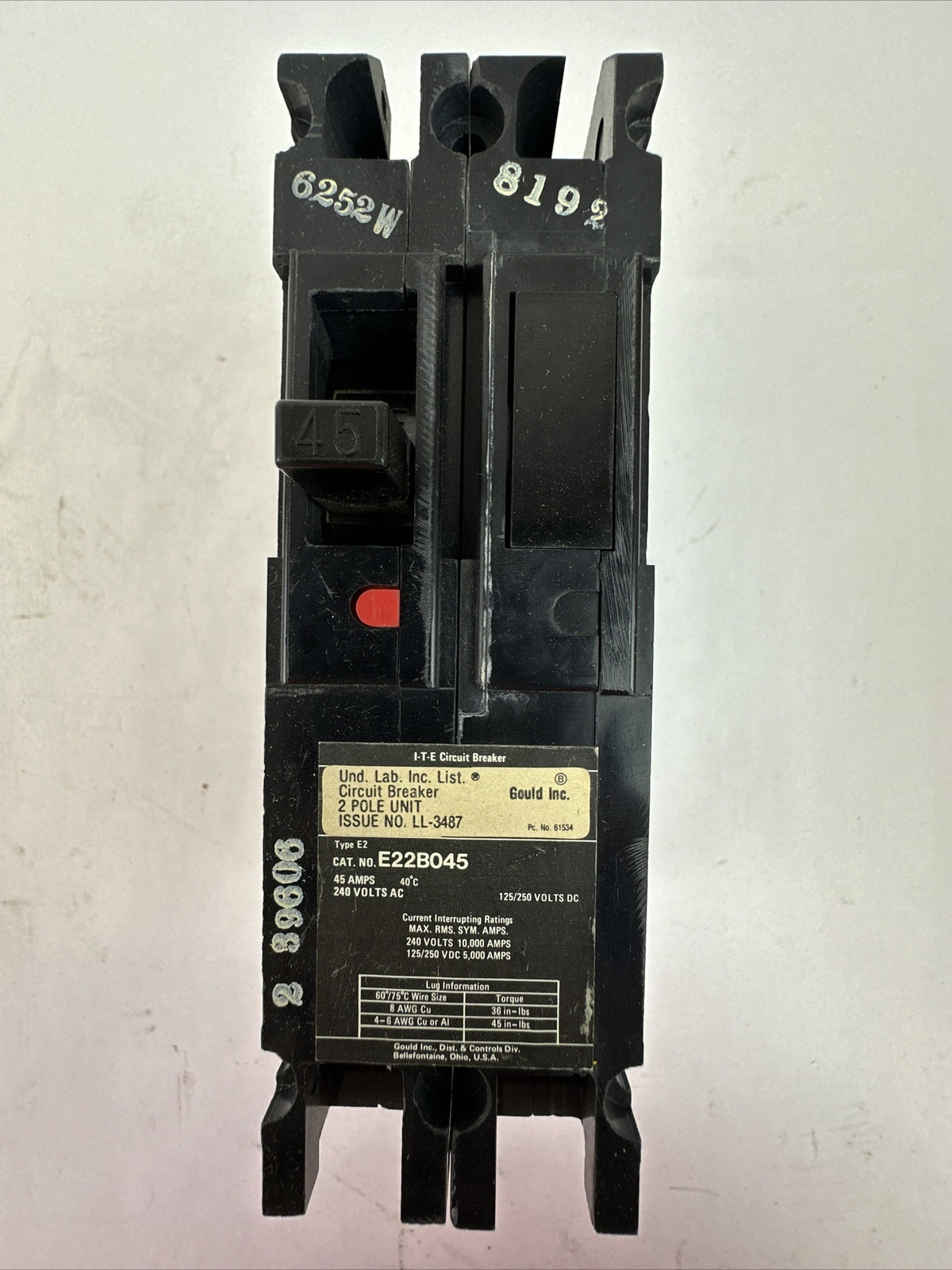 GOULD ITE E22B045 MOLDED CASE CIRCUIT BREAKER 45A 2P 240VAC 125/250VDC