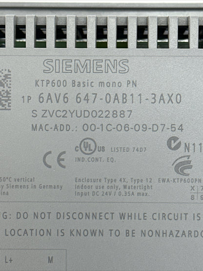 SIEMENS 1P 6AV6 647-0AB11-3AX0 OPERATOR INTERFACE SIMATIC PANEL TOUCH 24VDC