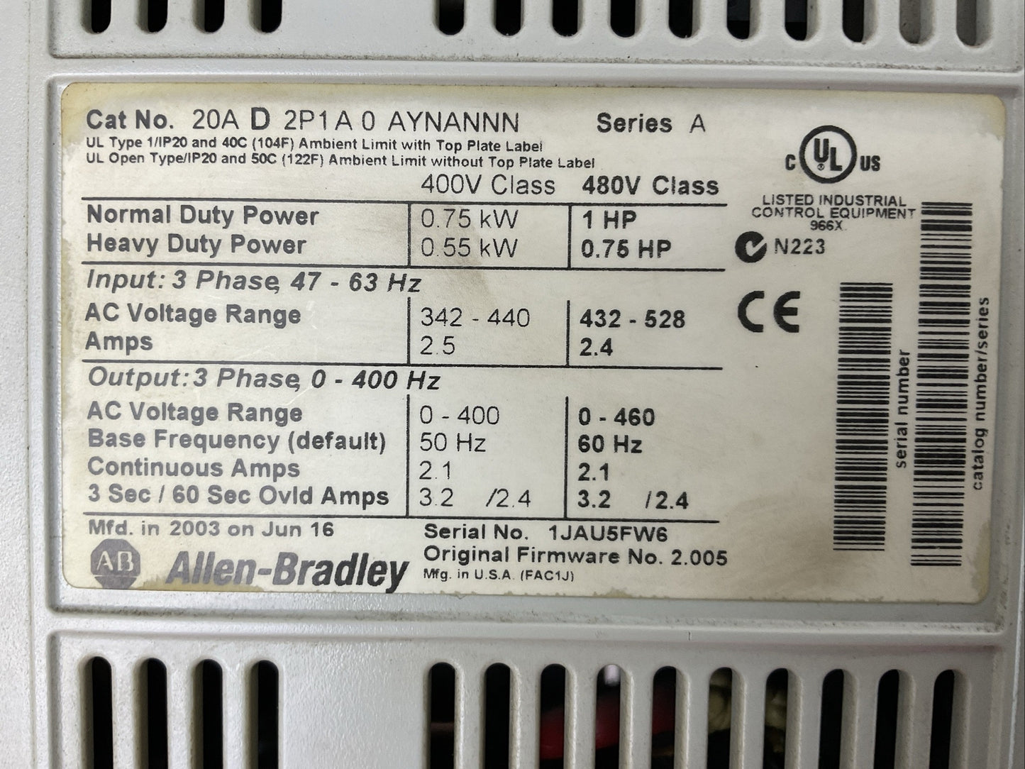 ALLEN BRADLEY 20AD2P1A0AYNANNN SER A FW 2.005 AC DRIVE