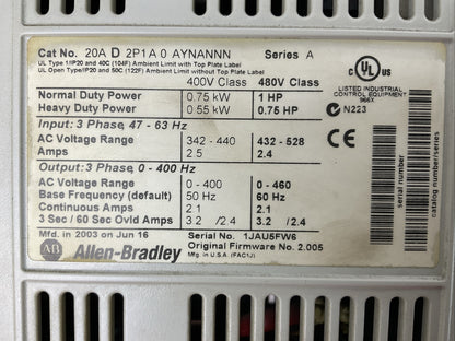 ALLEN BRADLEY 20AD2P1A0AYNANNN SER A FW 2.005 AC DRIVE