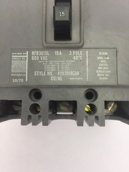 WESTINGHOUSE HFB3015L AB DE-ION CIRCUIT BREAKER 15A 600VAC 3POLE 4997D19G34