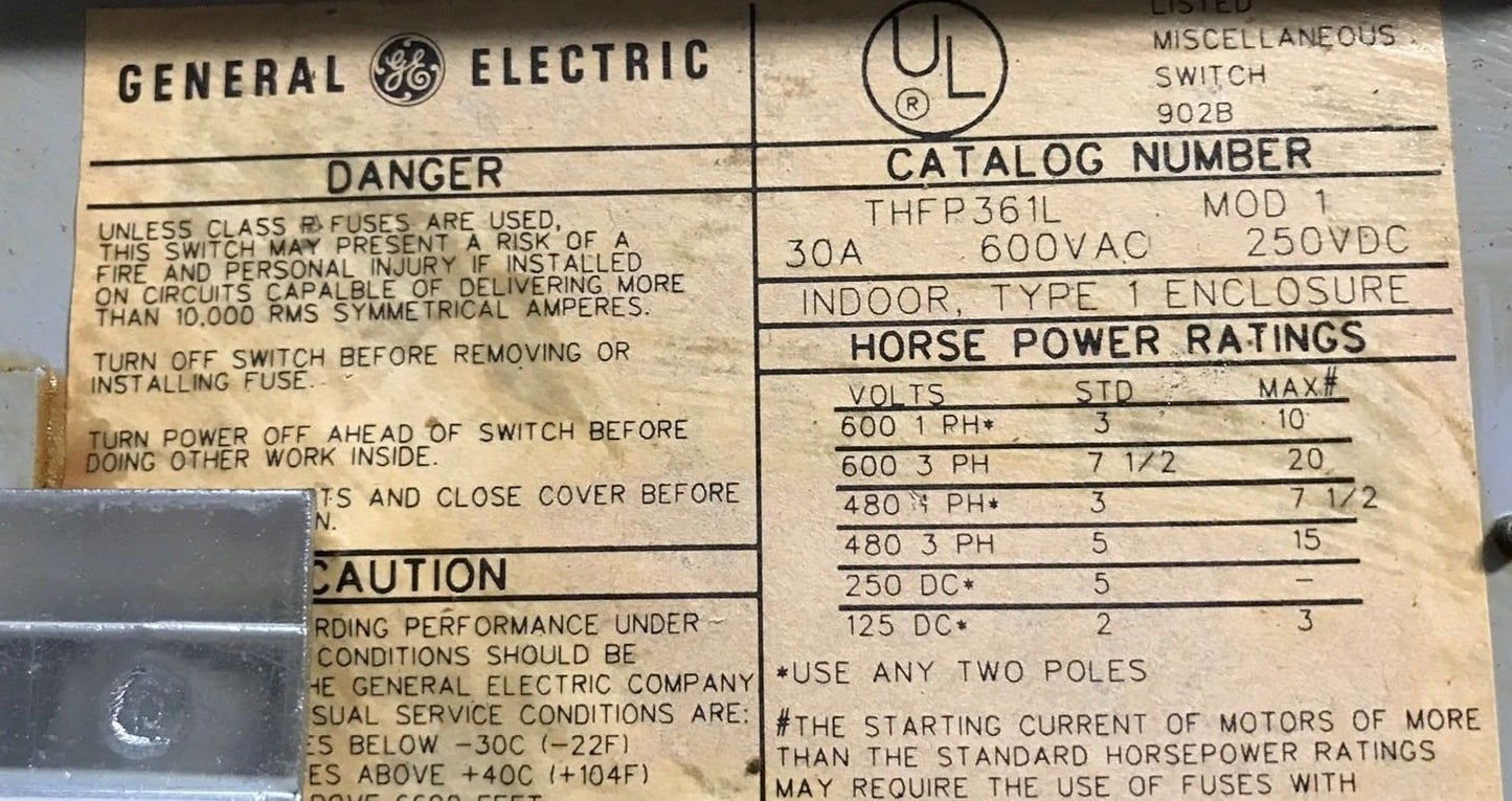 GE General Electric THFP361L 30A, 600VAC TYPE QMR TWIN PANELBOARD SWITCH