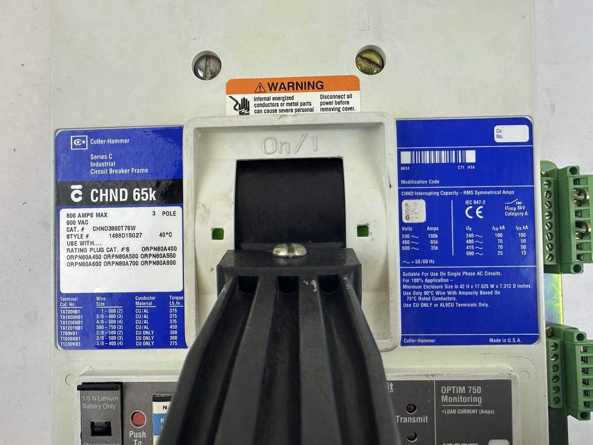 CUTLER HAMMER CHND3800T76W 800A 600V 3P CIRCUIT BREAKER W/DIGITRIP 750 TRIP UNIT