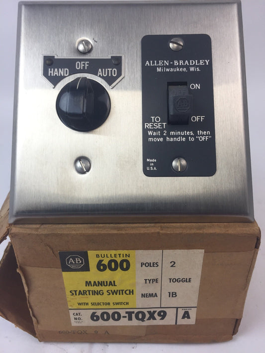 ALLEN BRADLEY 600-TQX9 MANUAL STARTING SWITCH WITH SELECTOR SWITCH 2 POLE