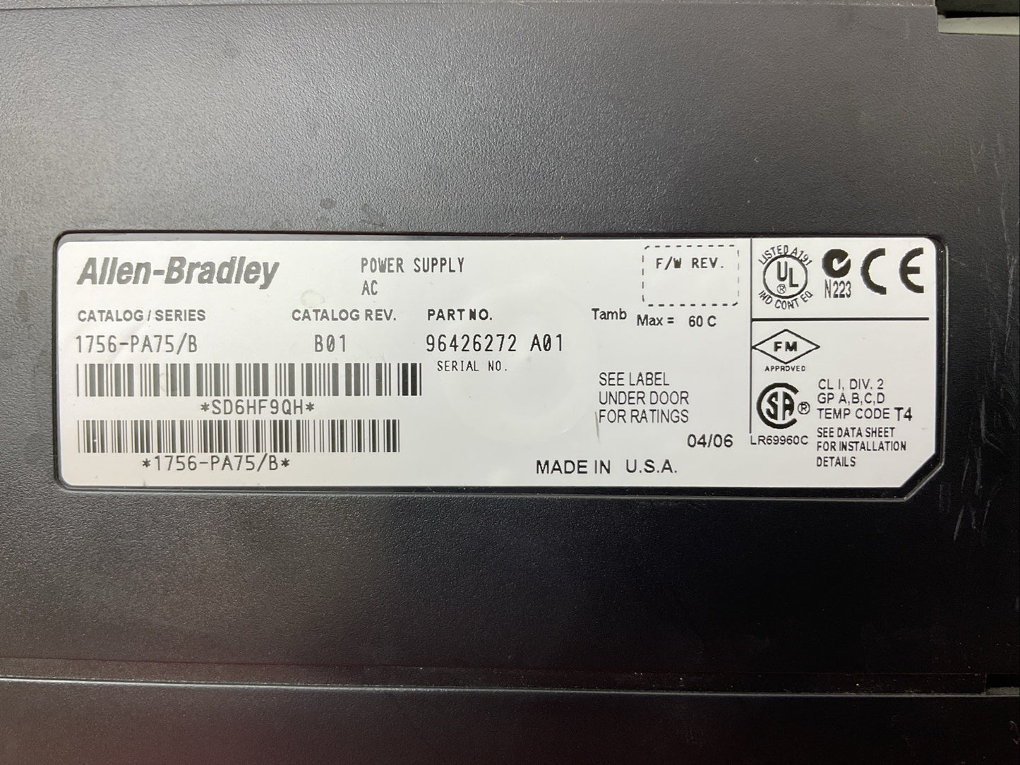 ALLEN-BRADLEY 1756-PA75 SER B CAT REV B01 POWER SUPPLY AC
