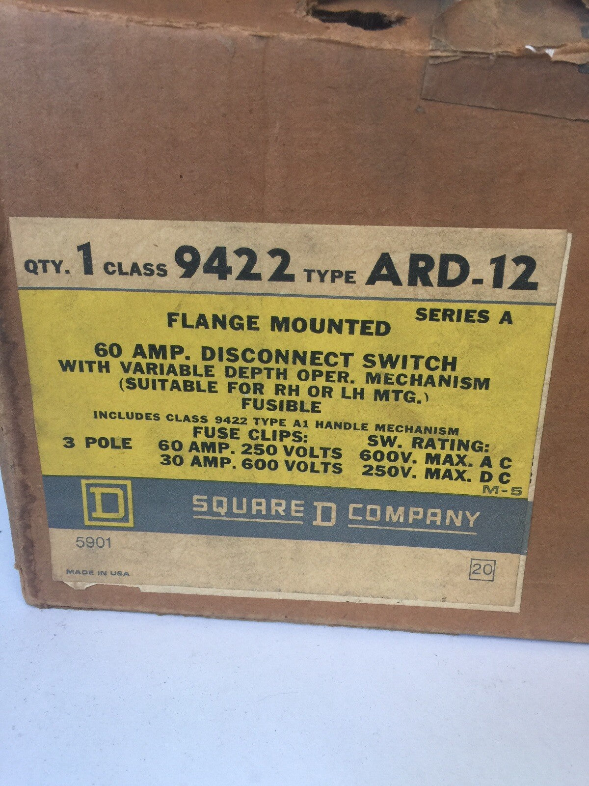 SQUARE D 9422 ARD-12 FLAGE MOUNT 60AMPS DISCONNECT SWITCH 600VAC 250VDC 3 POLES