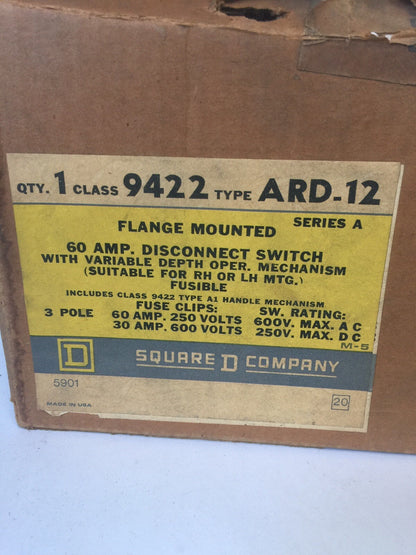 SQUARE D 9422 ARD-12 FLAGE MOUNT 60AMPS DISCONNECT SWITCH 600VAC 250VDC 3 POLES