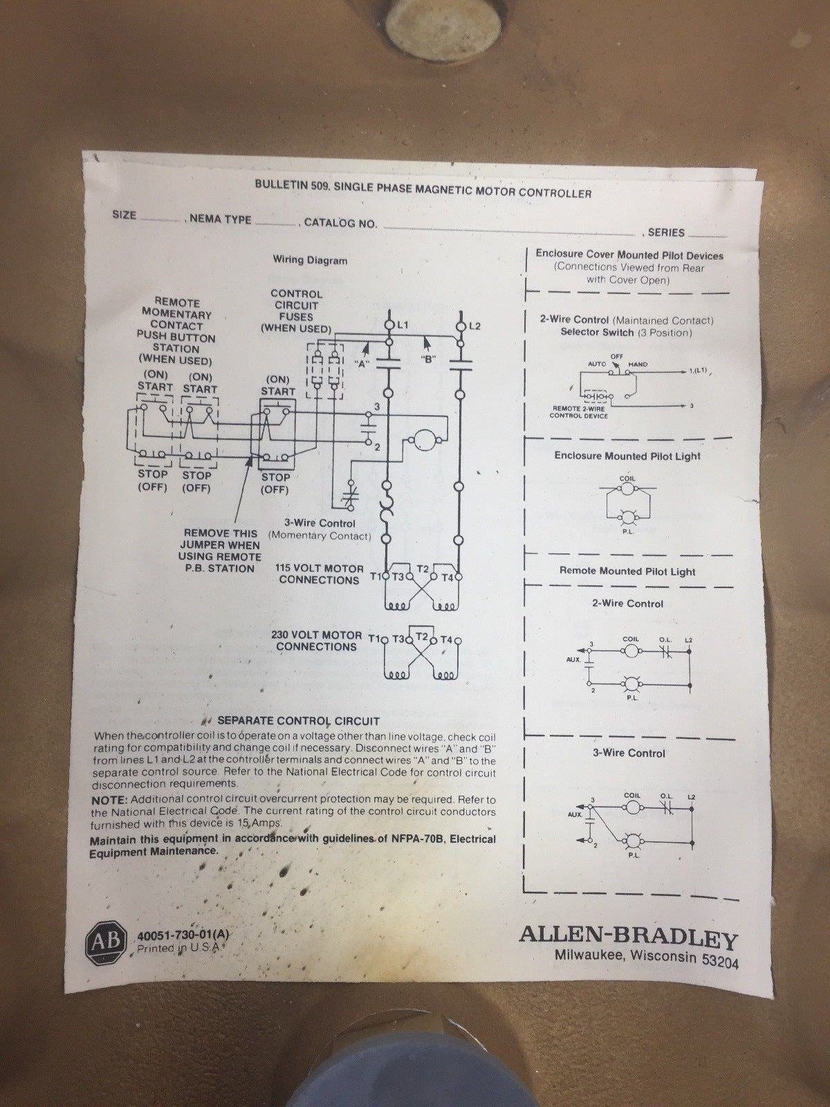 ALLEN BRADLEY 509-AEXWD-1-4G SINGLE PHASE MAGNETIC MOTOR CONTROLLER SIZE 0