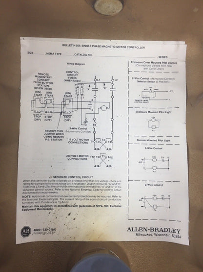ALLEN BRADLEY 509-AEXWD-1-4G SINGLE PHASE MAGNETIC MOTOR CONTROLLER SIZE 0