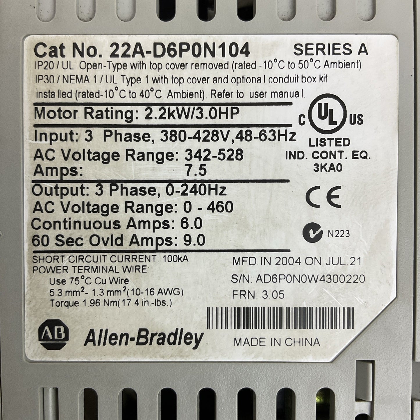 ALLEN BRADLEY 22A-D6P0N104 SER A FRN 3.05 POWER FLEX 4 AC DRIVE 2.2kW/3.0HP