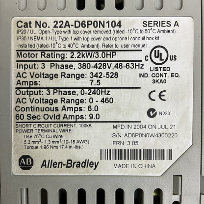 ALLEN BRADLEY 22A-D6P0N104 SER A FRN 3.05 POWER FLEX 4 AC DRIVE 2.2kW/3.0HP