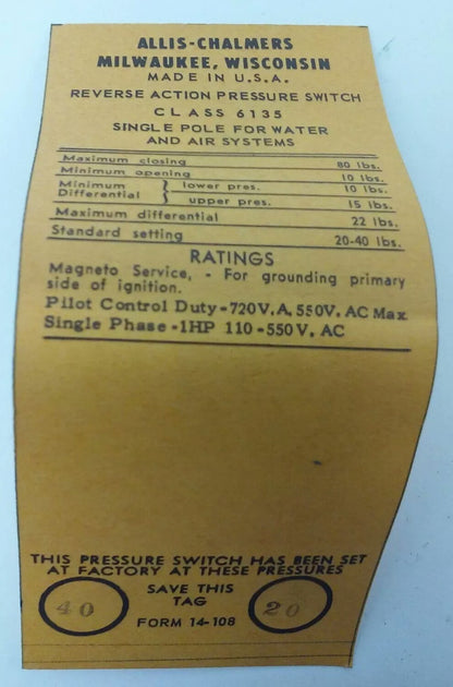 ALLIS CHALMERS  CLASS 6135 14-961-350-48-115 PRESSURE SWITCH, 550V,NEW SURPLUS,