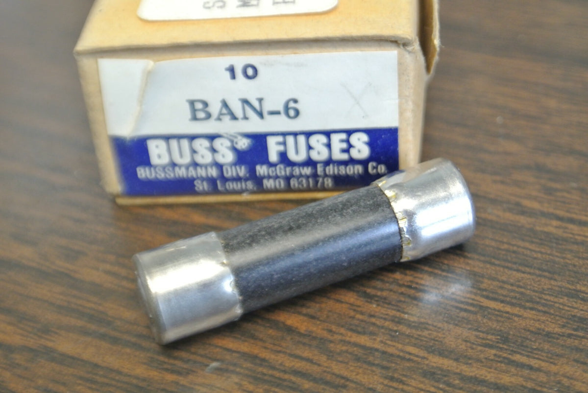 BOX of 10 / BUSS BAN-6 MIDGET FUSE / 6A / 250V / NEW SURPLUS / BAN6