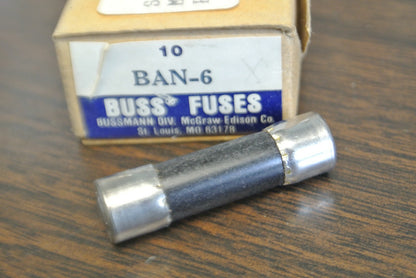 BOX of 10 / BUSS BAN-6 MIDGET FUSE / 6A / 250V / NEW SURPLUS / BAN6