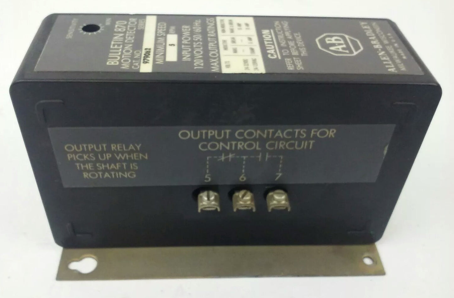 ALLEN BRADLEY 979062, MOTION DETECTOR, 5 RPM MINIMUM SPEED ,120V 50/60HZ 10A