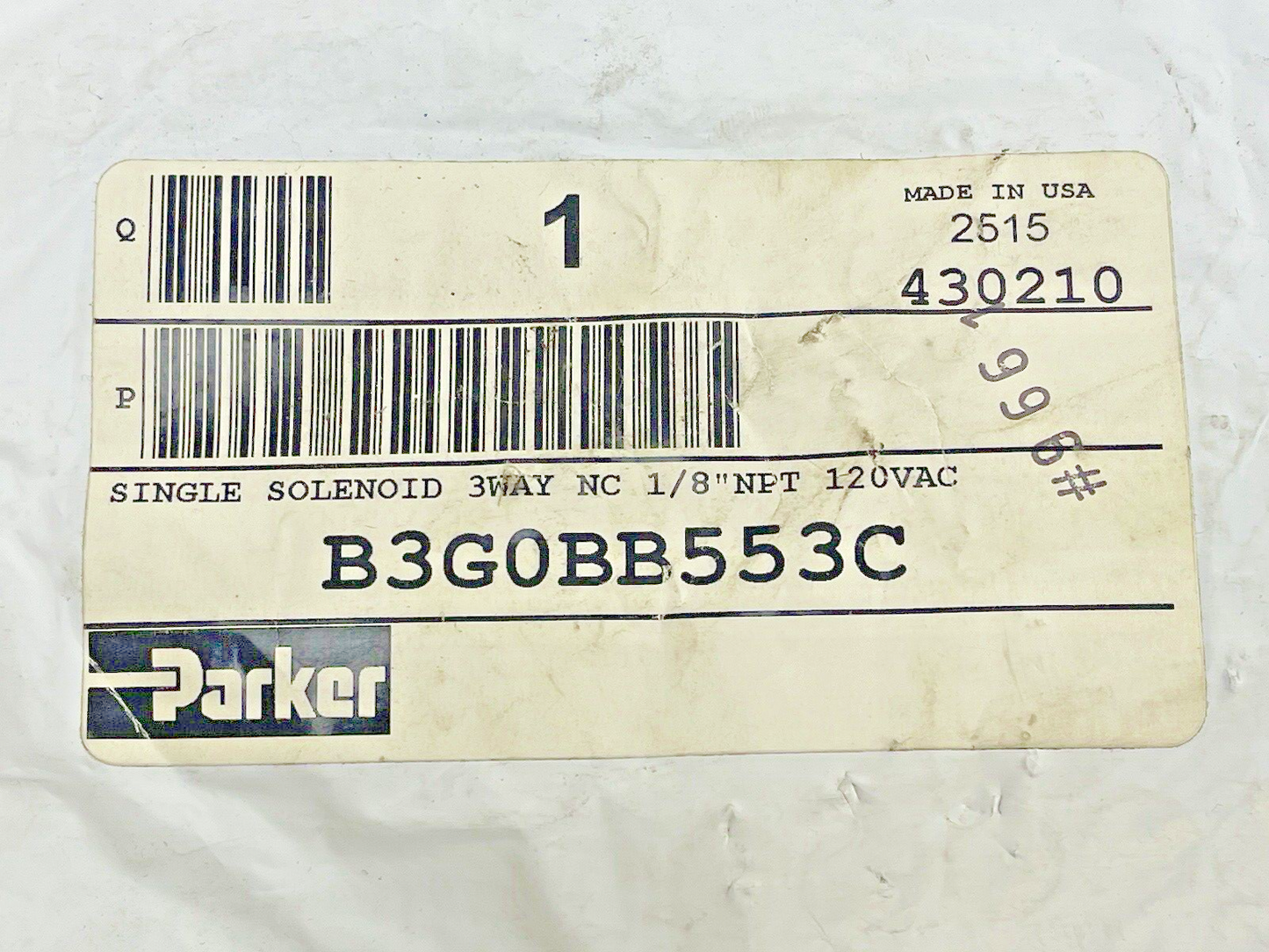 PARKER - B3G0BB553C - SOLENOID VALVE, 1/8IN, NC, 120V,1.6VA,150PSI