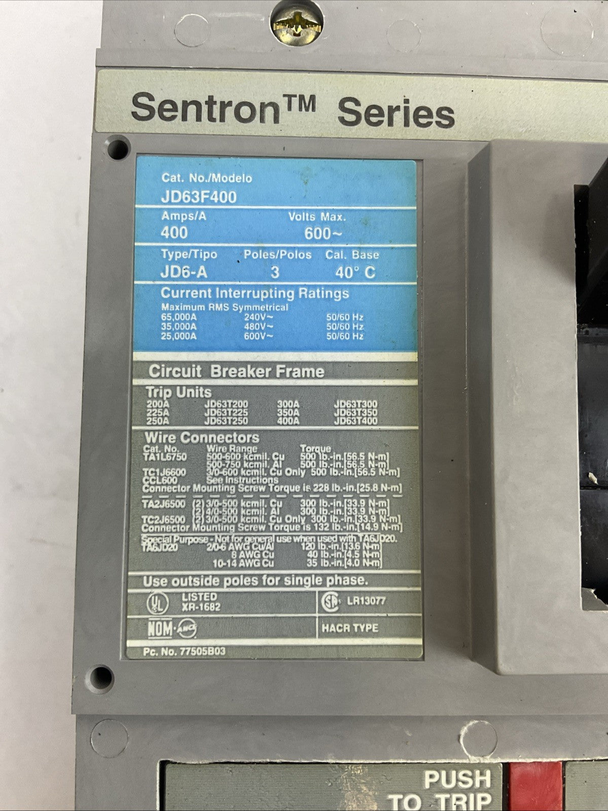SIEMENS JD63F400 SENTRON SERIES 600VAC 400A 3POLE FRAME TYPE JD6-A 300AMP