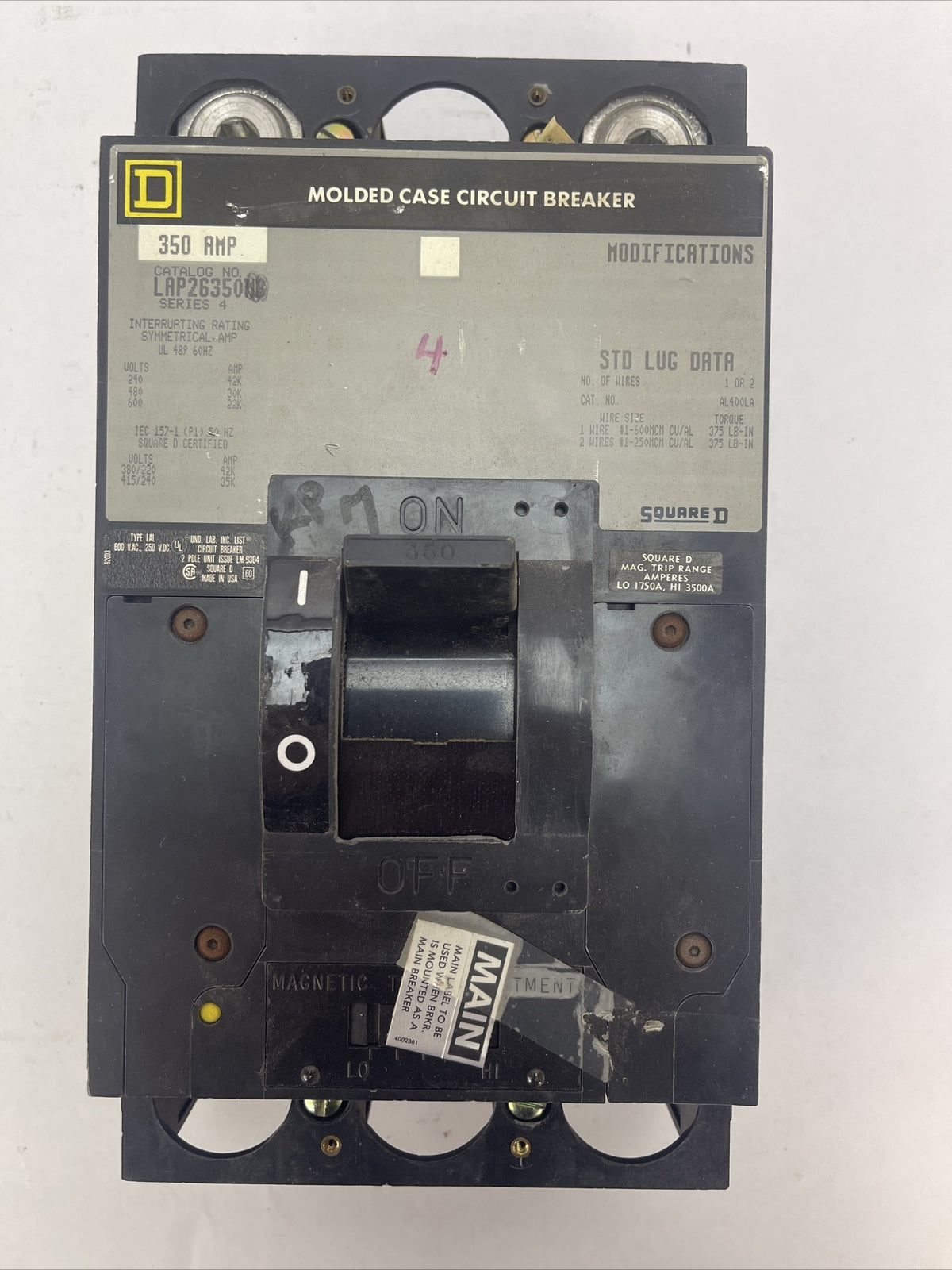 SQUARE D LAP26350MB CIRCUIT BREAKER 350A 600VAC 2POLE