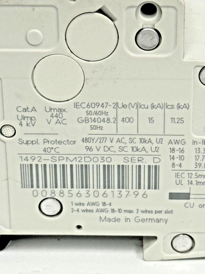 ALLEN-BRADLEY - 1492-SPM2D030 SER. D - CIRCUIT BREAKER - 2 P, 3 A, 277 V