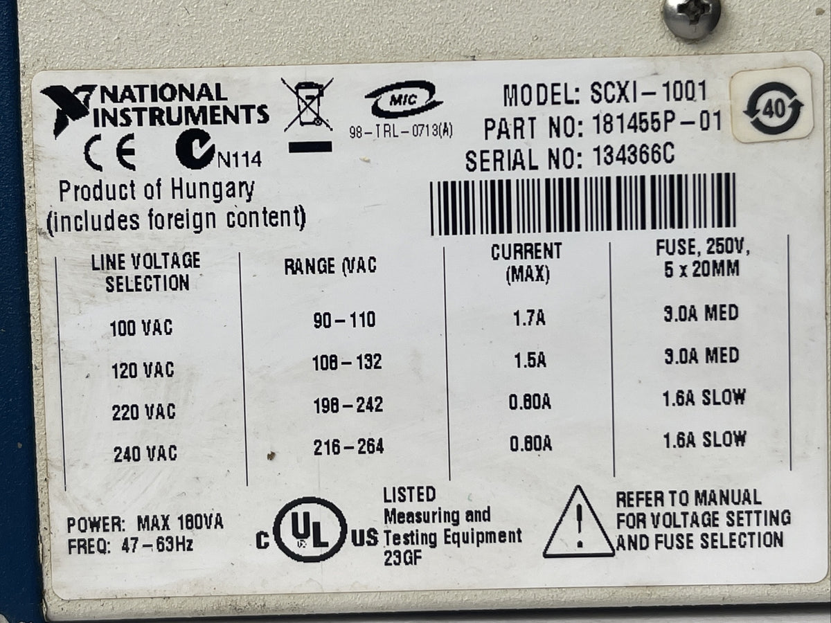 NATIONAL INSTRUMENTS SCXI-1001 12 SOLT CHASSIS 1.7/1.5/0.8A 100/120/220/240VAC