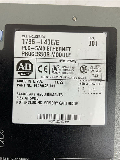 ALLEN BRADLEY 1785-L40E SER E REV J01 F/W REV D.2 PLC-5/40 ETHERNET PROCESSOR