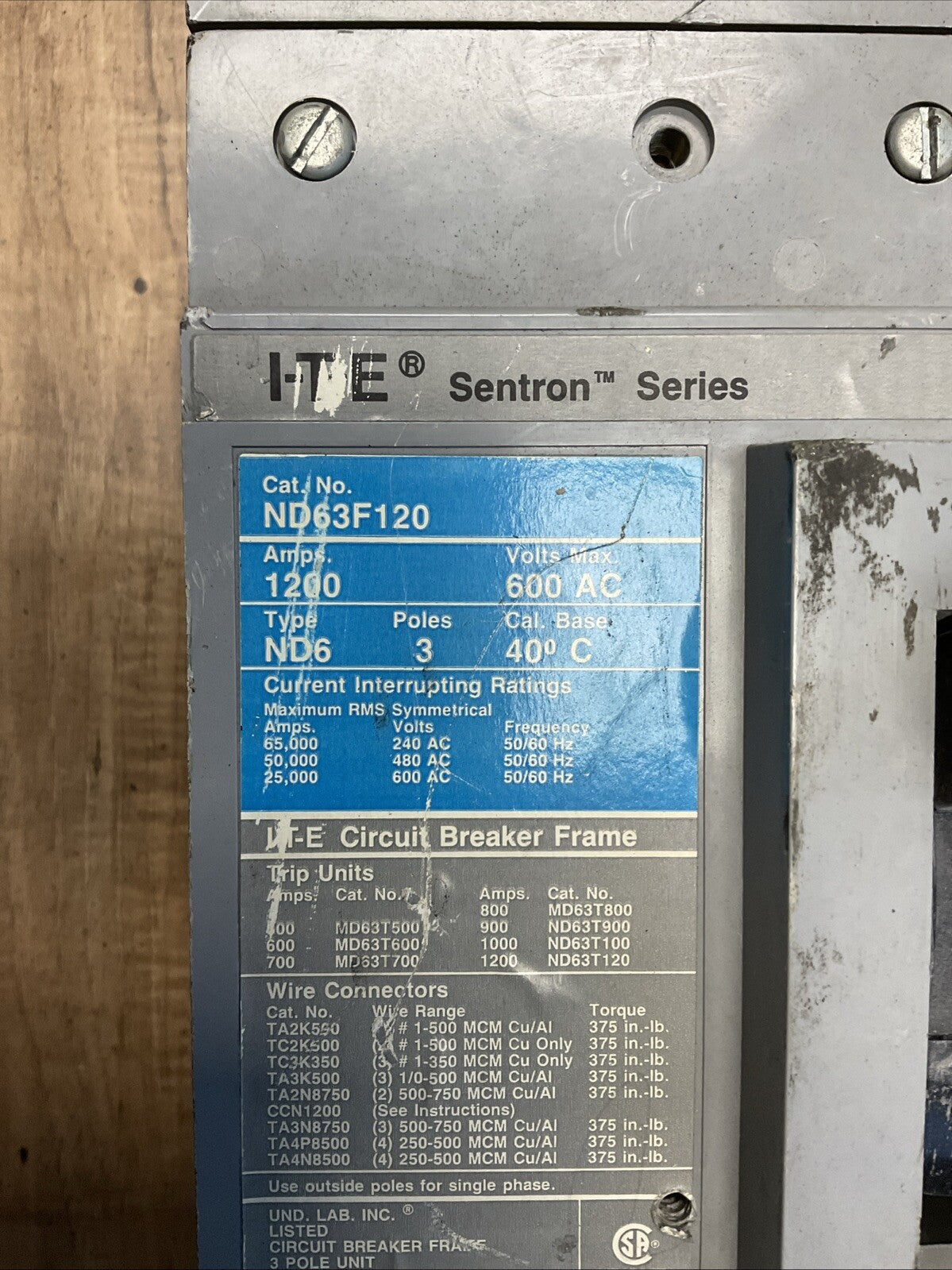 ITE ND63F120 CIRCUIT BREAKER 1200AMP 600VAC 3P SENTRON SERIES 1000AMP TRIP UNIT