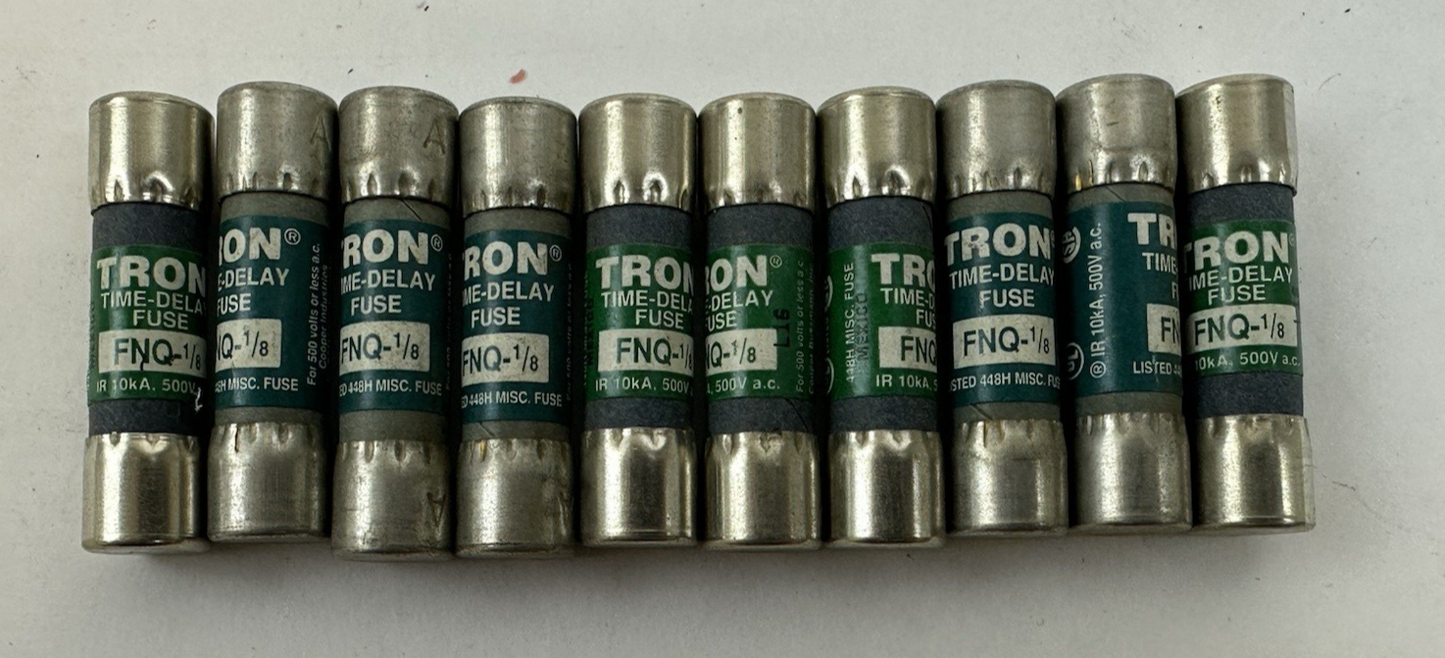 BUSSMANN TRON FNQ-1/8 1/8 AMP 500VAC TIME-DELAY FUSES – LOT OF 10