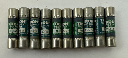 BUSSMANN TRON FNQ-1/8 1/8 AMP 500VAC TIME-DELAY FUSES – LOT OF 10