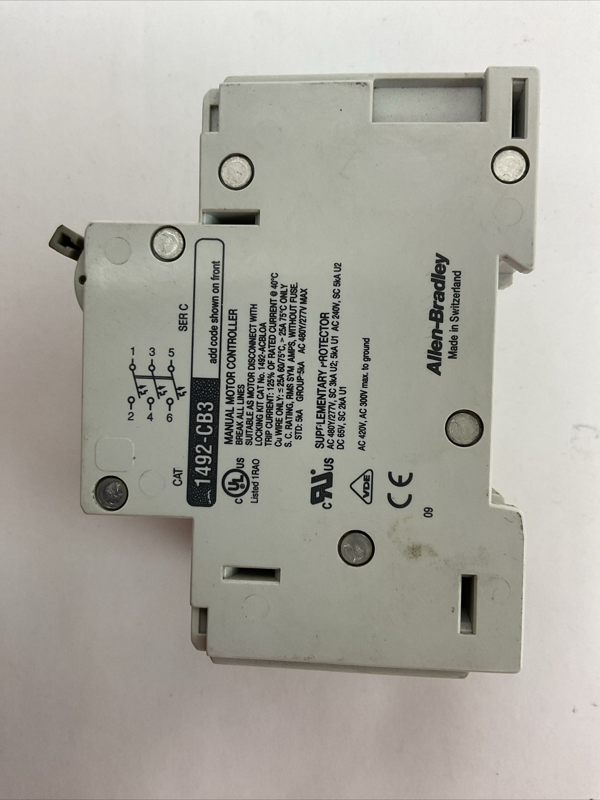 ALLEN BRADLEY 1492-CB3G200 MANUAL MOTOR CONTROLLER 20A 10HP 3P 480Y/277VAC SER C