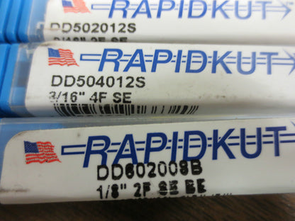 RAPIDKUT CUTTING TOOLS, LOT of 3 END MILLS 3/16" 4F SE, 1/8" 2F SE BE, 3/16" 2E.