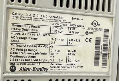 ALLEN BRADLEY 20AD2P1A0AYNANNN AC DRIVE SER.A 480V FRM:2.005
