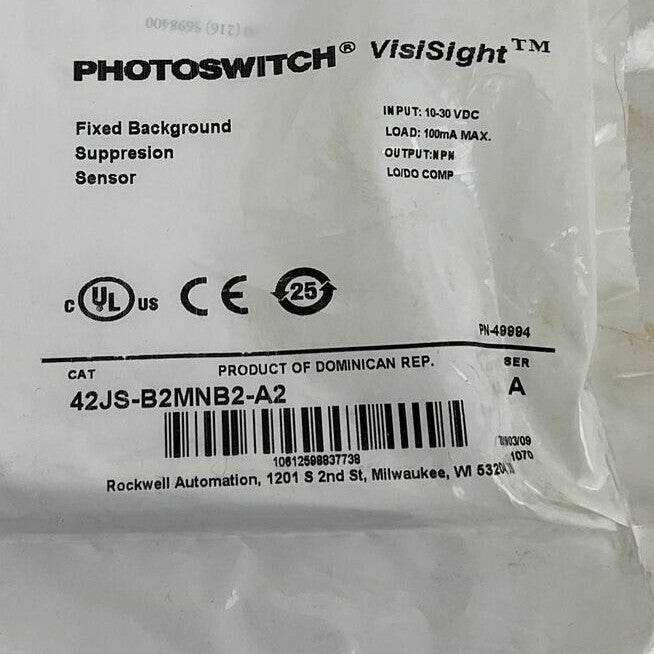 ALLEN BRADLEY 42JS-B2MNB2-A2 SUPPRESION SENSOR SER.A 10-30VDC