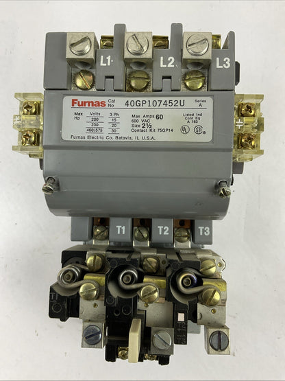 FURNAS STARTER 40GP107452U 600VAC 60A 30HP 3PH 75D73070A COIL 110-120V 48GC31AA3