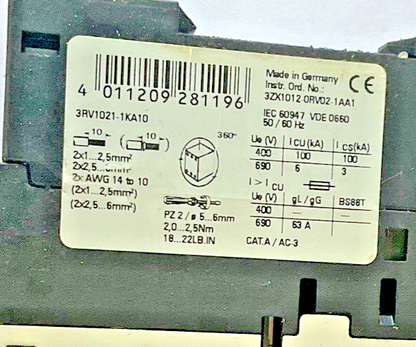 SIEMENS 3RV1021-0KA10,3RV1021-1KA10 MOTOR CONTROL 600V****LOTOF2***