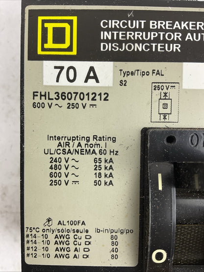 SQUARE D FAL360701212 70A 600VAC 250VDC 3POLE CIRCUIT BREAKER