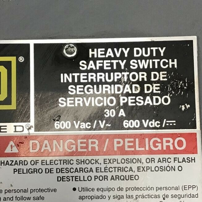 SQUARE D HU361 SER.F05 SAFETY SWITCH 30A 600VAC/DC NON FUSIBLE TYPE 1